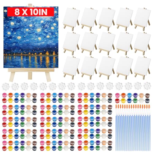 16 Pack 8x10 Inch Canvas and Easel Set, 16 Small Canvas for Painting with 16 Easels, 16 Acrylic Paint Set, 32 Paint Brushes, 16 Palletes, Painting Kits for Adults Beginners Party