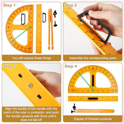 MotiMind 1 Set Large Mathematics Teaching Kit Including 1 Pcs Jumbo Teaching Ruler 1 Pcs Large Protractor 1 Pcs Geometry Compass Big Geometry Measurement Tool for Teacher Classroom Black Board