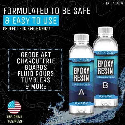 Crystal Clear Epoxy Resin Kit 16oz - Food Safe, UV Resistant, Bubble Free | Casting & coating epoxy resin for jewelry, coasters, molds, art, wood & more. Bubble-free, low odor, USA based business - size: 16 Ounce