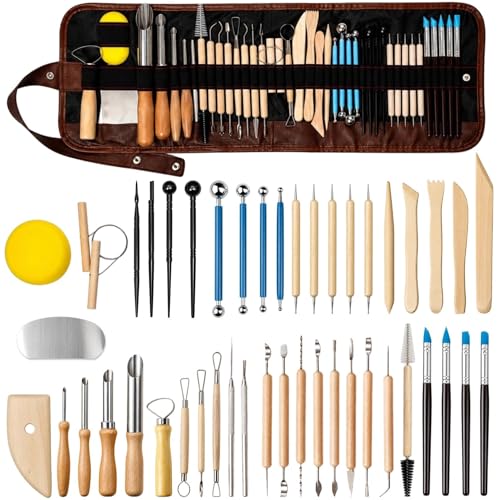 47PCS Pottery Tools Kit, Ceramic Tools, Clay Sculpting Tools | Stainless Steel Tools, Wooden Handles and Silicone Shapers for Sculpting and Carving, Ideal for Beginners and Artists