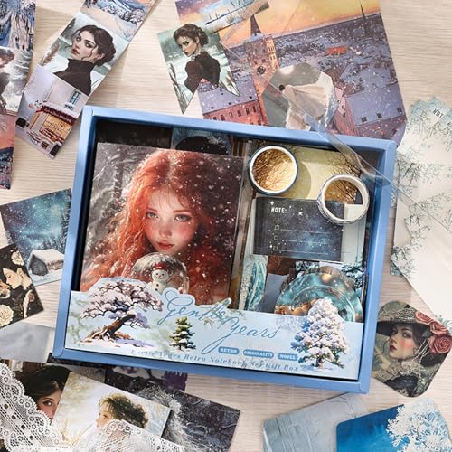 Scrapbooking Supplies Kit, Vintage People Aesthetic Scrapbook Kit, Junk Journal Supplies with Scrapbook Paper, Scrapbook Stickers, A6 Grid Notebook, Stationery, Journaling Supplies for DIY Art Craft - color: Gentle Years