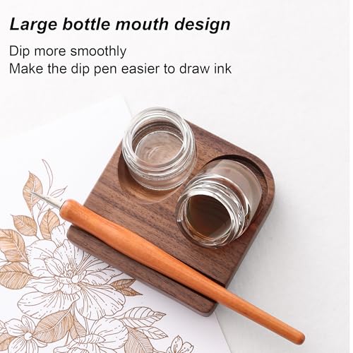 Wooden Calligraphy Brush Holder with Glass Inkwell Container, Set with Angled Tip Holder Base (Upgraded Two Glass Ink Holders) - style: Upgraded Two Glass Ink Holders