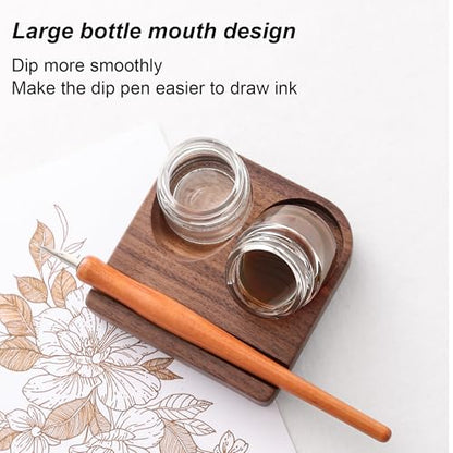 Wooden Calligraphy Brush Holder with Glass Inkwell Container, Set with Angled Tip Holder Base (Upgraded Two Glass Ink Holders) - style: Upgraded Two Glass Ink Holders