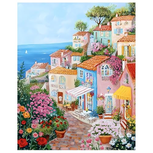 Paint by Numbers Kit for Adults, Adult Paint by Number Kits 16x20 Inch - color: Seaside Town