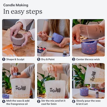 Sculpd Candle Making Kit, 1 Candle, Peony Rose Fragrance, Pastel Tones | Air dry clay kit with acrylic paint, non-toxic eco soy wax, candle glaze, tools & guide, for adults - color: Peony Rose with Pastel Tones, size: 1 Candle