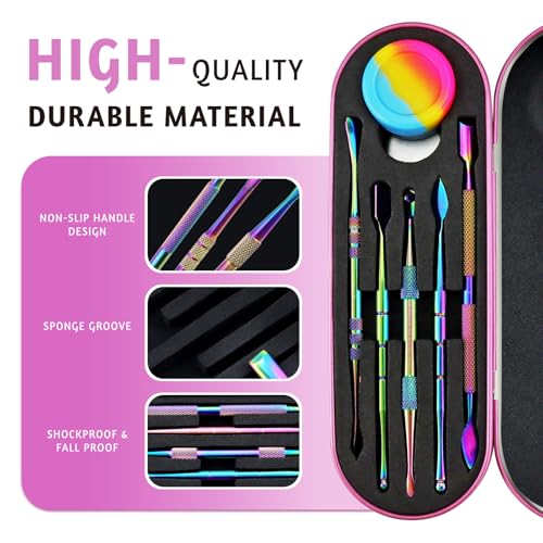 YETOOME 6 Pcs Wax Carving Tool Set with 5 ml Silicone Container and Portable Pink Metal Case, Double-Ended Carving Tool Stainless Steel Wax Sculpting Tools for Wood, Wax, Clay, Pottery, Rainbow Color