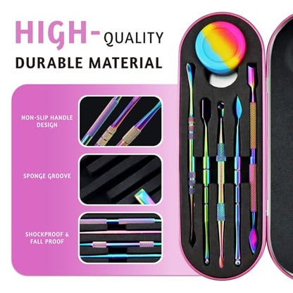 YETOOME 6 Pcs Wax Carving Tool Set with 5 ml Silicone Container and Portable Pink Metal Case, Double-Ended Carving Tool Stainless Steel Wax Sculpting Tools for Wood, Wax, Clay, Pottery, Rainbow Color