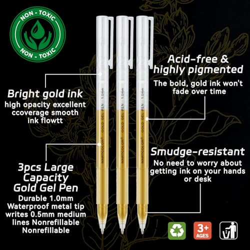 MARTCOLOR 3 Pack Gold Gel Pens,1.0mm Extra Fine Point Gel ink Pens | Opaque Archival Ink Pen for Black Paper Drawing, Art Highlight, Illustration, Bullet Journaling, Card Making & DIY Projects - color: Gold