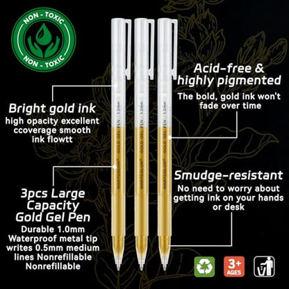 MARTCOLOR 3 Pack Gold Gel Pens,1.0mm Extra Fine Point Gel ink Pens | Opaque Archival Ink Pen for Black Paper Drawing, Art Highlight, Illustration, Bullet Journaling, Card Making & DIY Projects - color: Gold