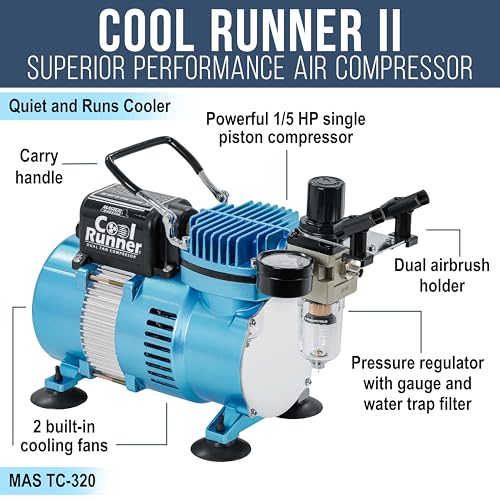 Master Airbrush Air Brush Kit with Air Compressor TC-320, 1/5 HP Cool Runner II Dual Fan with Regulator, Water Trap & Holder - style: Cool Runner