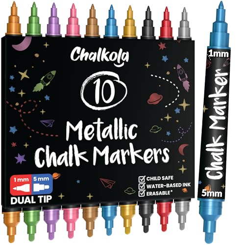 Chalkola 10 Metallic Dual Tip Liquid Chalk Markers for Chalkboard, Window - size: Dual Tip- 1mm+5mm