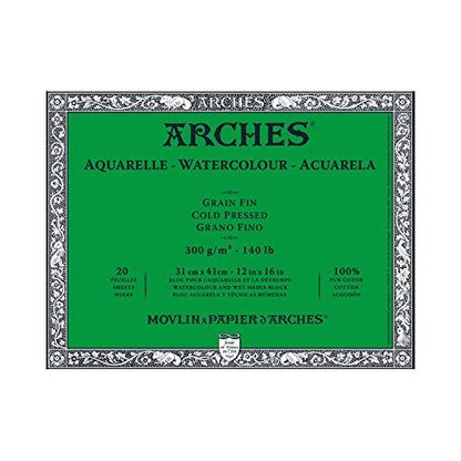 Arches Watercolor Paper Block, Cold Press, 12" x 16", 140 pound - size: 12"x16", style: Cold Press