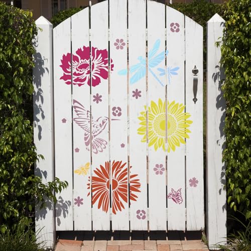 Large Flower Stencils for Walls 11.8inch Hummingbird Dragonfly Stencil | Reusable Daisy Sunflower Tree Vine Stencils for Painting on Wood Fence Wall Furniture Fabrics DIY Decor - style: Nature