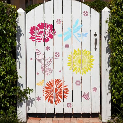 Large Flower Stencils for Walls 11.8inch Hummingbird Dragonfly Stencil | Reusable Daisy Sunflower Tree Vine Stencils for Painting on Wood Fence Wall Furniture Fabrics DIY Decor - style: Nature