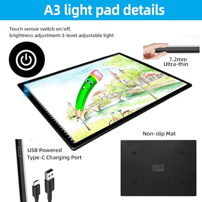 A3 LED Light Tracing Box with Stand & 2 Clips, 3-Level Brightness & 2 Color Temperature, Ultra-Thin USB Powered Light Pad for Diamond Art, Tattoo, Sketching, Animation, Stenciling - style: A3SA