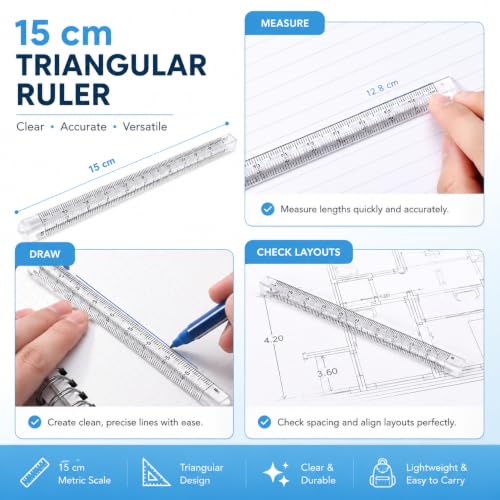 Triangle Ruler Set, Small Architectural Scale Ruler Pocket Size Ruler Metric Ruler Plastic Clear Ruler Triangle Ruler Drafting Tools Office, Drafting Tools for Office and School(15CM) ﻿
