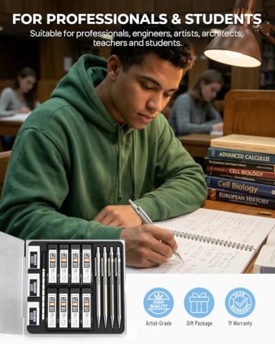 Nicpro 4 Pack Mechanical Pencil 0.7mm, MB1000 Metal Mechanical Pencil Set | 6 Tube HB #2 Lead Refill 0.7 mm, 3PCS 4B Eraser, 9 Cap Eraser, Storage Case for Artist Drafting Writing, Sketching, Drawing - style: 4 Pack （0.7mm）
