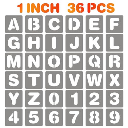 BAMIDELE 1 Inch Letter and Number Stencils, 36 Pcs Reusable Plastic Alphabet Spray Paint Stencils for Painting on Wood, Wall, Fabric, Rock, Chalkboard, Door Porch, Signage, DIY Craft Decoration - size: 1 Inch