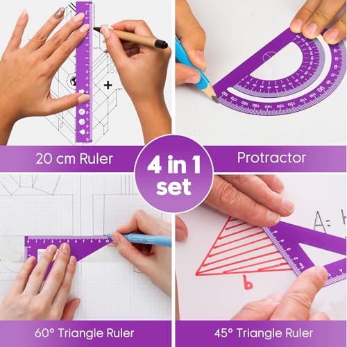 MSDADA Triangle Ruler, Protractor, Square and Ruler Set, 4 Pieces Aluminum Alloy Ruler, Metal Drafting Ruler Kit, Geometric Protractor for Student, School, Home, Office (Purple, 20cm/7.87inch) - color: Purple, size: 20cm