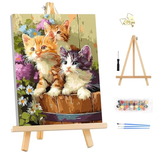 EOBROMD Framed Paint by Numbers Kits for Adults with Wooden Easel, Several Cats DIY Kits Crafts for Beginner on Stretched Canvas, 3 Brushes and Acrylic Paint for Home Decor 10x14 Inch - color: LG050