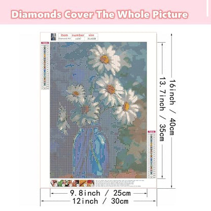 Ohhvvow White Daisy Diamond Art Painting Kits for Adults, Full Drill Blue Vase Flower Diamond Dots Paintings for Beginners, Blue Round 5D Paint with Diamonds Painting Kits for DIY Crafts, 12x16 Inch - color: White flower