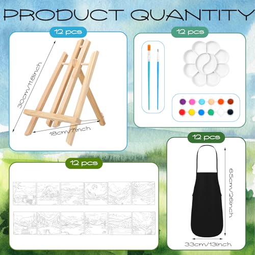 Motipuns 12 Set Landscape Pre Drawn Canvas for Paint for Adults | 8 x 8 Inch, Sip and Paint Party Kit, Pre Printed Framed Canvas with Easels Paints Brushes Aprons, Party Adult Art Supplies - style: Landscape