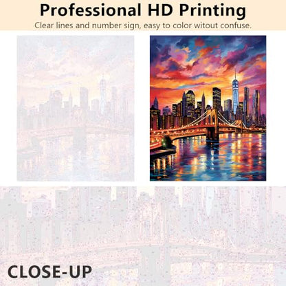 TUMOVO Paint by Numbers for Adults Colorful Cityscape Adults' Paint by Number Kits Brooklyn Bridge Sunset Landscape Art Painting Kits with Brushes Oil Painting Art Crafts Framed 16x20 in - color: Artwork-08-F
