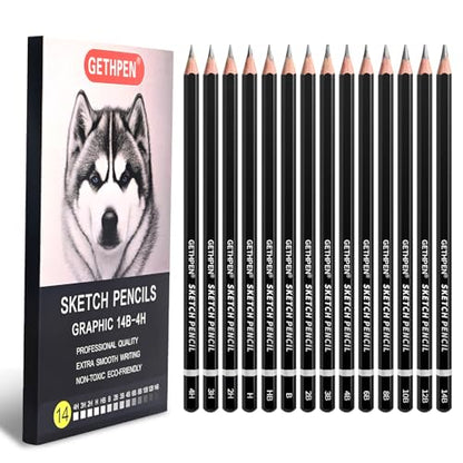 GETHPEN Drawing Sketching Pencil Set, 14 Pieces Graphite Pencils(14B - 4H) | 14Pcs Graphite Drawing Pencil Set, 14B to 4H Hardness, Sketch Shading Supplies for Beginners and Professional Artists