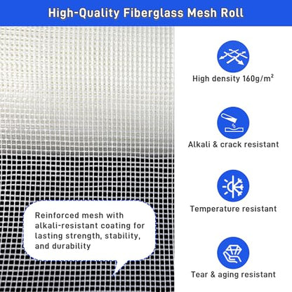 Fiberglass Mesh Roll 3.2x164 FT Plastering Mesh for Wall Crack Repair, Alkaline Resistant & Non-Adhesive 160g/m² Fibreglass Reinforcing Mesh Net for Plastering Interior Exterior Building Insulation