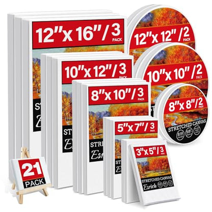 21 Packs Stretched Canvases for Painting, MultiSize 12x16, 10x12, 8x10, 5x7, 3x5, Round Canvas with 8x8,10x10,12x12, Primed Blank Canvas for Oil, Acrylic Paint,for Beginner, Artist. - size: 21Pack-MultiSize Canvas