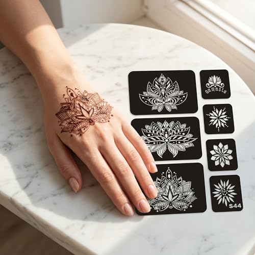 Henna Lotus Tattoo Templates Kit, 6 Sheets | 32pcs Patterns, Large Indian Arabian Flower Designs, Self Adhesive, For Hand Arm Body Art Paint