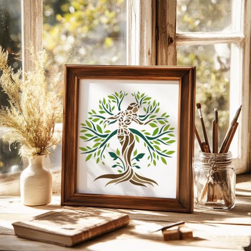 11.8"x11.8" Tree of Life Wall Stencil Templates, Mandala Woman Tree Reusable Plastic Stencils for Painting on Wood Floor Tile Fabric Glass Furniture DIY Home Decor Template | 11.8" x 11.8" Plastic Craft Stencil, Tree of Life Wall Stencil, DIY Home Decor T