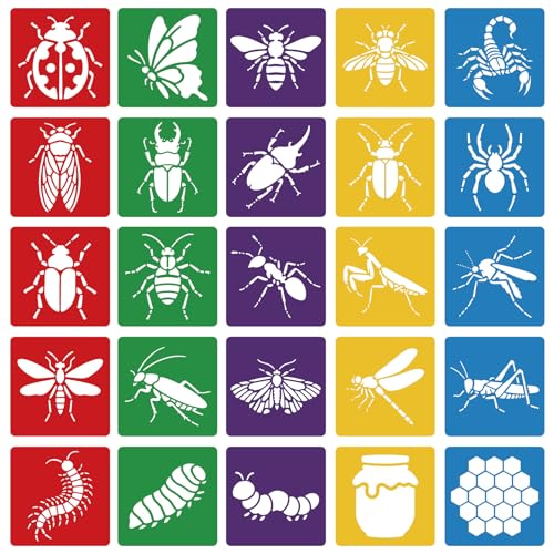 CUTHOLLOW Animals Fruit Plant Stencils, 24PCS 8-Inch Reusable Plastic | 24PCS 8-Inch Animals, Fruit & Plant Shapes, Reusable Washable Plastic, Painting, Crafts, Wall Art & Sidewalk Chalk - style: Insects