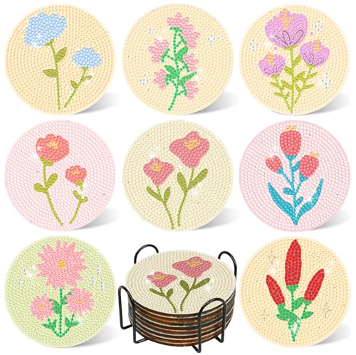 DOTSOPS 8 Pcs Flowers Diamond Art Coasters for Adults with Holder 4 in - color: Flowers-A