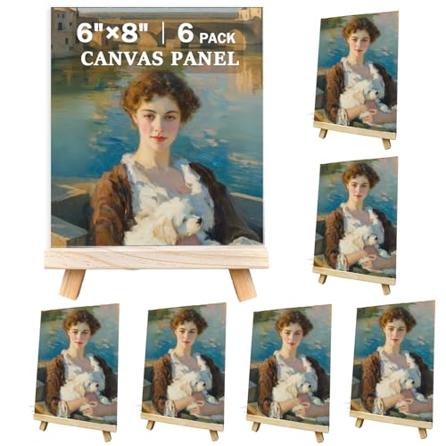 12 Pcs Mini Canvas and Easel Set 6''x8'' Small Blank Canvas Boards with Pine Wood Easels - Beginner Sip Painting Kit for Acrylic Oil Watercolor &Crafts - Ideal for Tabletop Display and Adults Party - size: 6''×8''