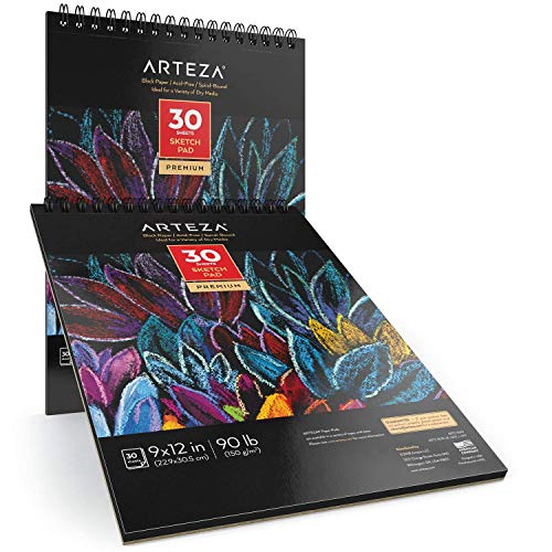 ARTEZA Spiral Sketch Book 9x12 Black Art Paper Drawing Pad 2 Pack 30 Sheets Sketch Pads for Drawing - size: 2 Pack