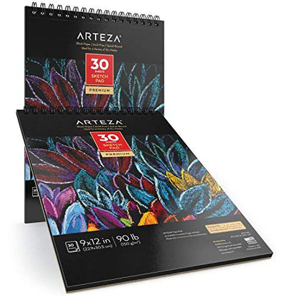 ARTEZA Spiral Sketch Book 9x12 Black Art Paper Drawing Pad 2 Pack 30 Sheets Sketch Pads for Drawing - size: 2 Pack