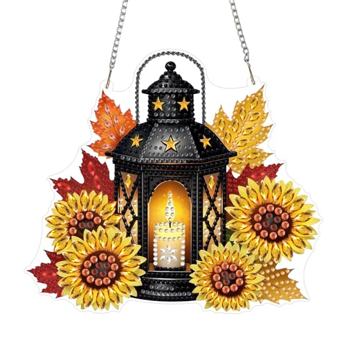 CEOVR Lantern Sunflower Hanging Diamond Art for Adults, Fall Diamond Painting Pendant, DIY Special Shape Gem Art Window Ornament, Acrylic Home Wall Decor with Chain, Box Kit 7.87×6.89inch - color: 22-Lantern