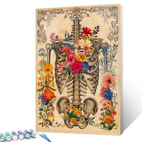 Aihonmin Rustic Flowers Paint by Number for Adult Children Beginners,Beautiful Bone Painting by Numbers Kits DIY Acrylic Floral Paint by Number Set with Brushes and Acrylic DIY Framed 16''W x 20''H - color: Organs-05, size: 16''x20''(DIY Frame)