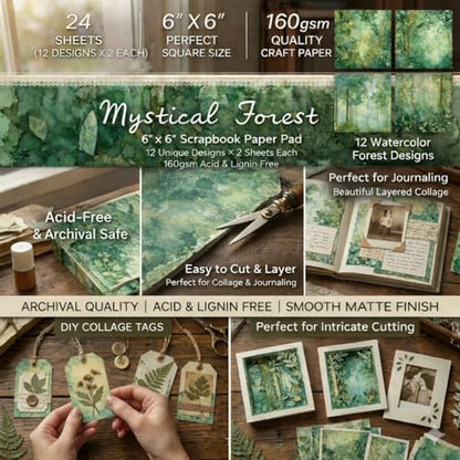 6x6 Scrapbook Paper Pad, Mystical Forest Botanical Designs, 24 Single-Sided Sheets (12 Designs, 2 Each), 160gsm Acid-Free Paper for Card Making, Scrapbooking & Journaling - color: 6x6 Forest Green