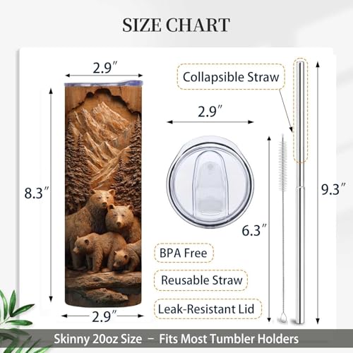 Firmiso 20 oz Tumbler｜Skinny Insulated Travel Mug｜Bear Family Mountain Forest Stainless Steel Cup with Lid and Telescopic Straw｜Rustic Wildlife Drinkware｜Outdoor Gift Idea for Men - color: Bear Family