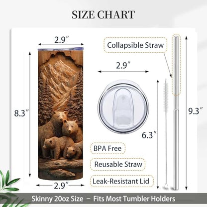 Firmiso 20 oz Tumbler｜Skinny Insulated Travel Mug｜Bear Family Mountain Forest Stainless Steel Cup with Lid and Telescopic Straw｜Rustic Wildlife Drinkware｜Outdoor Gift Idea for Men - color: Bear Family