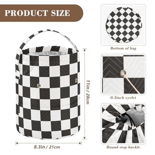 Checkered Black Yarn Bag Small Crochet Bag Drawstring Yarn Storage Organizer Knitting Project Bags Potable Yarn Holder with Holes Handle Crocheting Needles Knitting Accessories - color: Checkered Black