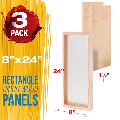 U.S. Art Supply 8" x 24" Unfinished Cradled Wood Panels for Painting, Gallery 1-1/2" Deep (3 Pack) - Artist Depth Wooden Wall Canvases - Mixed-Media Craft, Acrylic, Oil, Encaustic, Paint Pouring - size: 8" x 24"