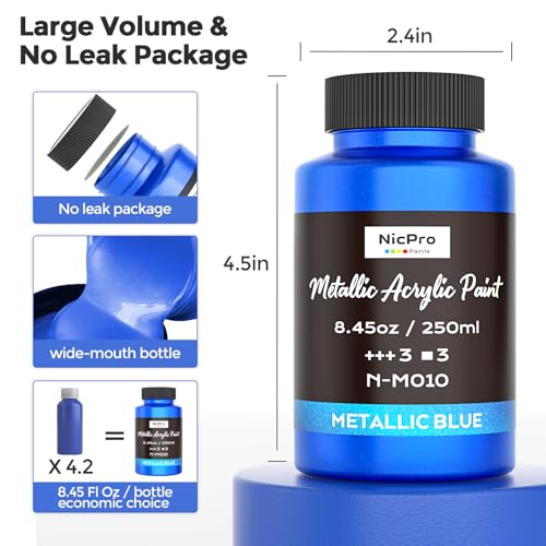 Nicpro Metallic Blue Acrylic Paint, 8.45oz/250ml Large Metallic Paint | Non Toxic, Non Fading Craft Paints for Metal, Wood, Clay, Fabric, Canvas, Furniture, Handcrafts, Art Supplies - color: Metallic Blue, size: 8.45 Fl Oz (Pack of 1)