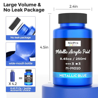 Nicpro Metallic Blue Acrylic Paint, 8.45oz/250ml Large Metallic Paint | Non Toxic, Non Fading Craft Paints for Metal, Wood, Clay, Fabric, Canvas, Furniture, Handcrafts, Art Supplies - color: Metallic Blue, size: 8.45 Fl Oz (Pack of 1)