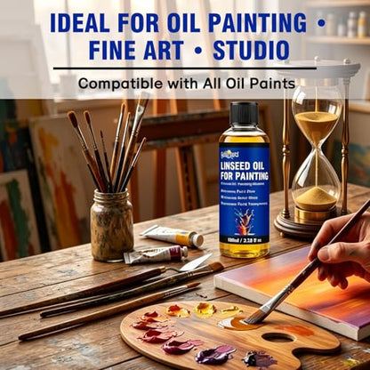 Linseed Oil for Painting 100ml, Refined Linseed Oil, Oil Paint Medium and Thinner for Artists, Improves Flow and Blending, Ideal for Glazing, Enhances Transparency and Gloss Finish - size: 3.38 Fl Oz (Pack of 1)