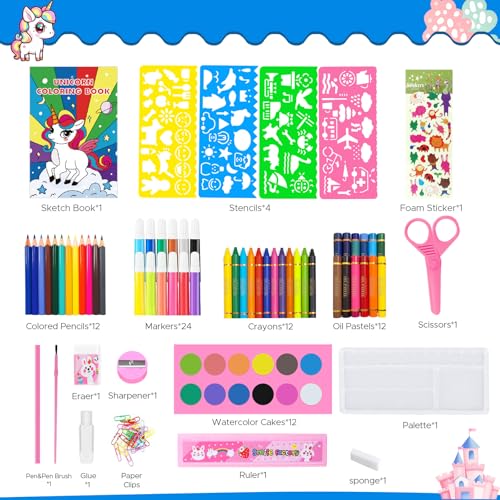 homicozy Art Supplies, Unicorn Drawing & Coloring Set with Crayons, Colored Pencils, Markers, Sketchbook, Watercolor Cakes, Stencils, Arts and Crafts Painting Kit for Kids Ages 4-10, Girls Boys Gift - color: Pink Unicorn