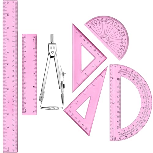 Zonon 7‑Piece Geometry Set with Drawing Compass, 6 & 4 Inch Protractors, Triangle Rulers and Straight Rulers, Transparent Math Drafting Supplies for Back to School, Students and Office Use(Pink) - color: Pink