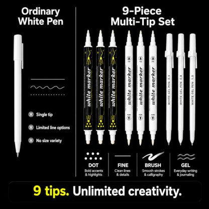 White Paint Pens Set, 9 Pack White Gel Pens and Acrylic Paint Markers | 0.5/0.8/1.0mm White Ink Pens, Dual Tip Dot Brush Fine Markers for Black Paper Drawing, Rock Painting, Card Making, DIY